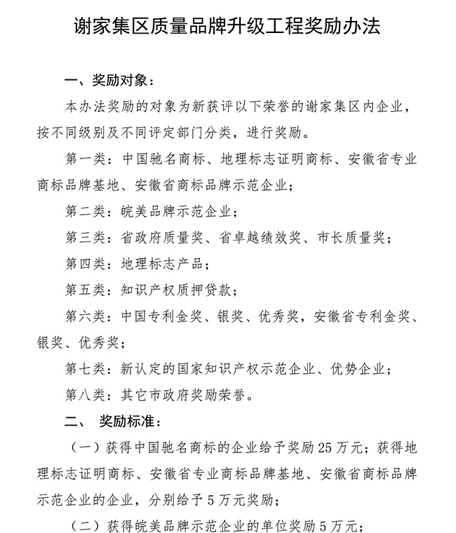 安徽省淮南市谢家集区质量品牌（知识产权）升级工程奖励办法